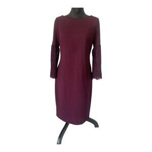 Calvin Klein Aubergine, Boat Neck, Lace Bell Sleeves, Sheath Dress – Size 10